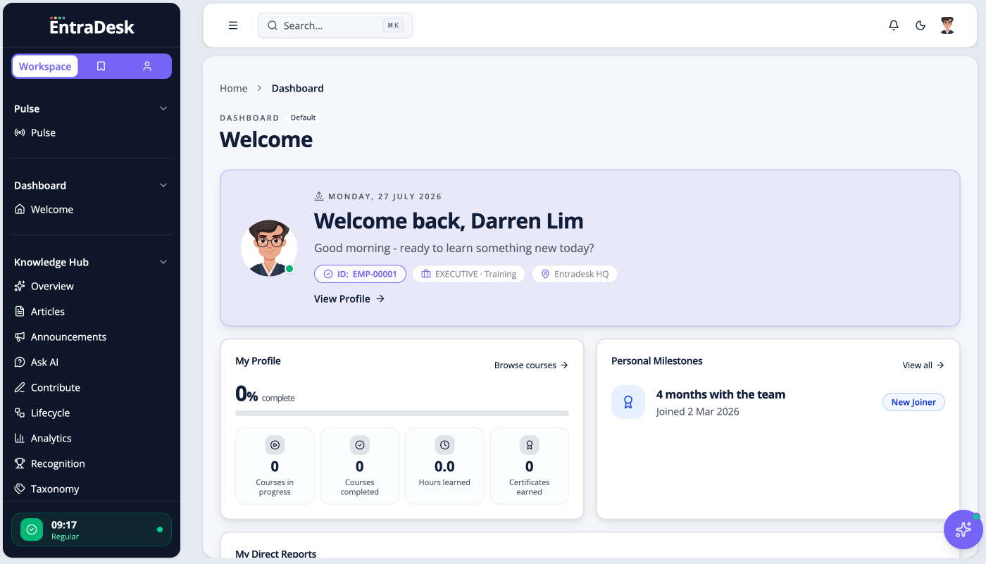 The EntraDesk dashboard: a personalized welcome screen with profile completion, personal milestones, and learning stats.
