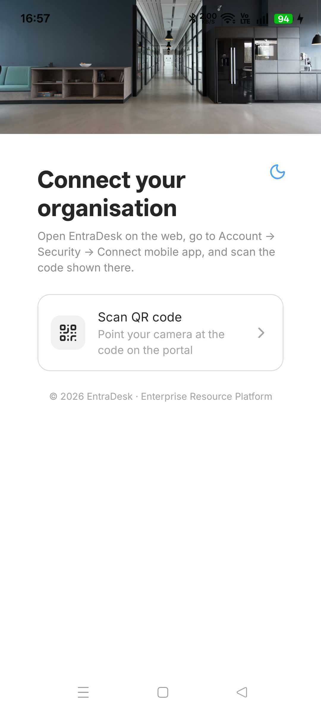 EntraDesk mobile app — Scan to Connect