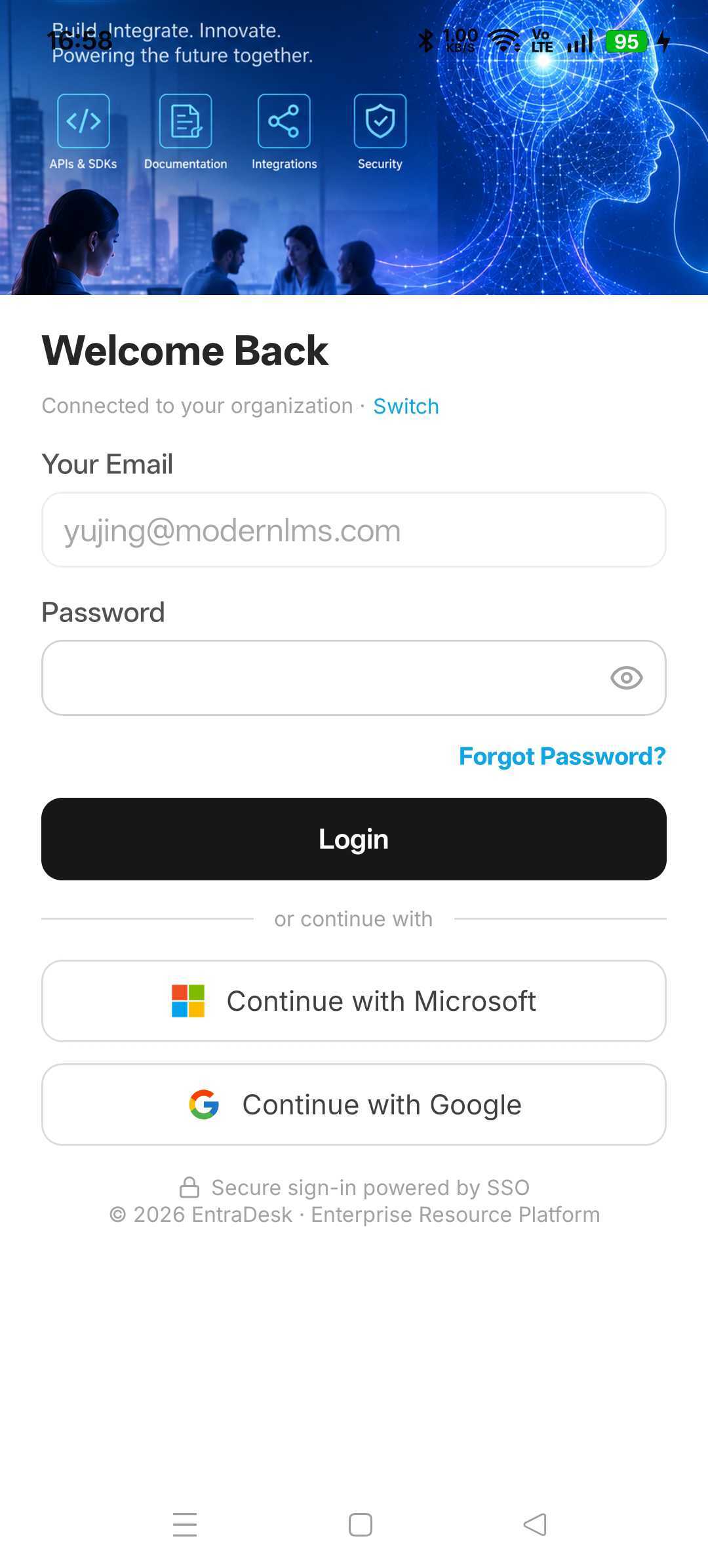 EntraDesk mobile app — Secure Login