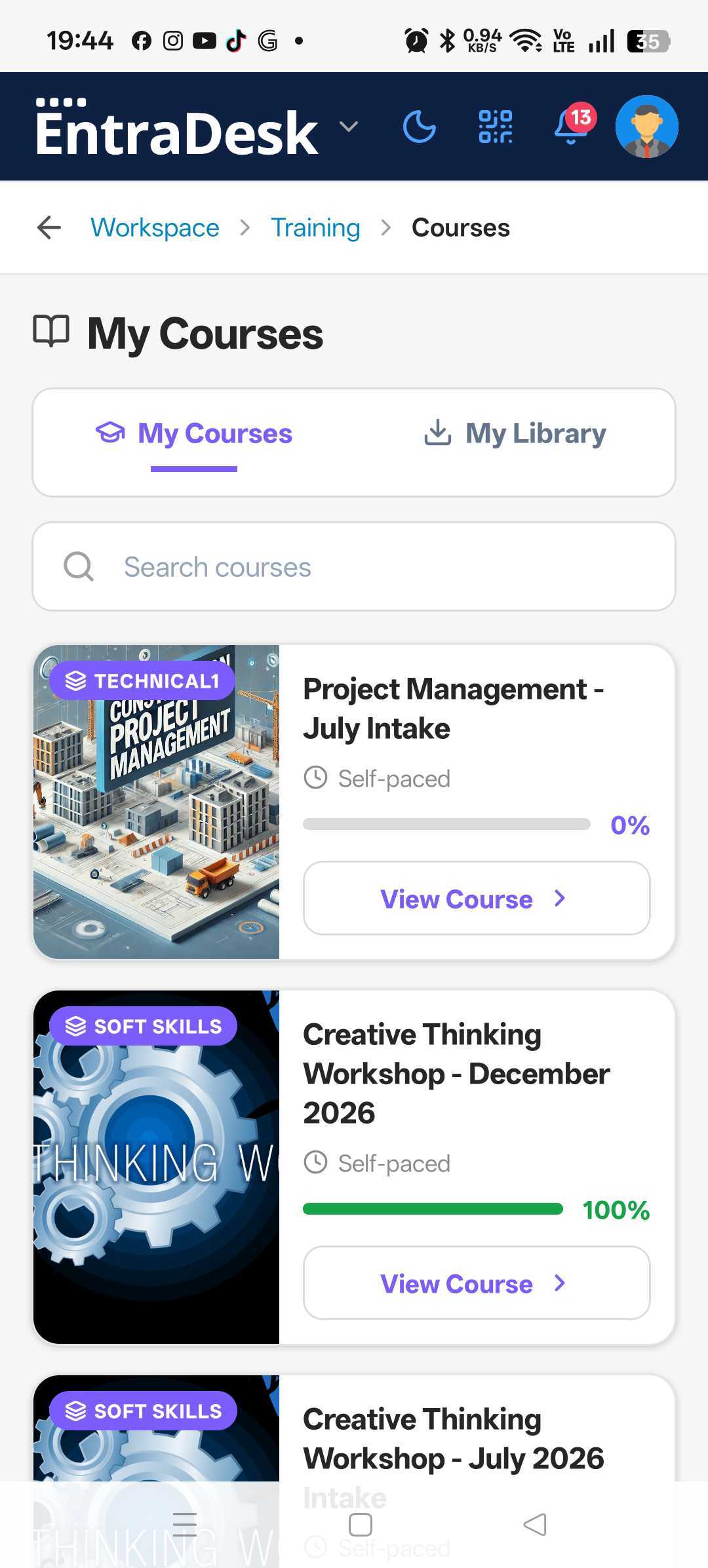EntraDesk mobile app — My Courses