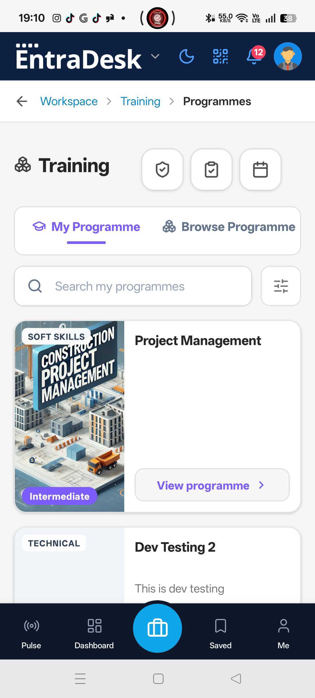 EntraDesk mobile app — My Programmes
